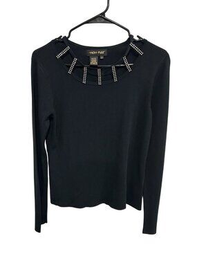 High Point Black Rhinestone Cutout Neckline Long Sleeve Top Sz S Retro Y2K Glam